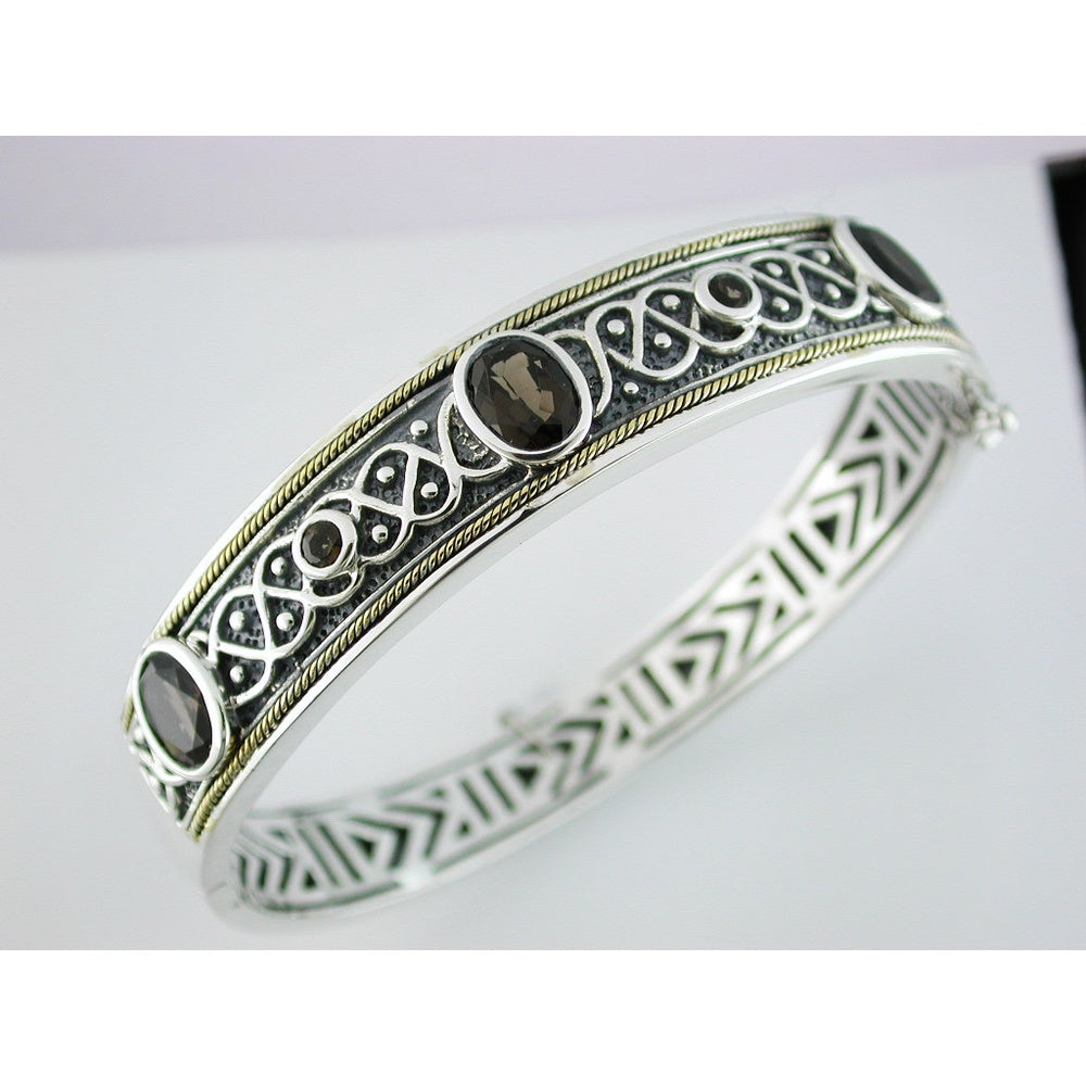 Sterling Silver Two-Tone Bangle Bracelet with Bezel-Set Oval Smoky Quartz and Milgrain Detail - 4.00 Carat Total Smoky Quartz Weight - Royal Jewelry