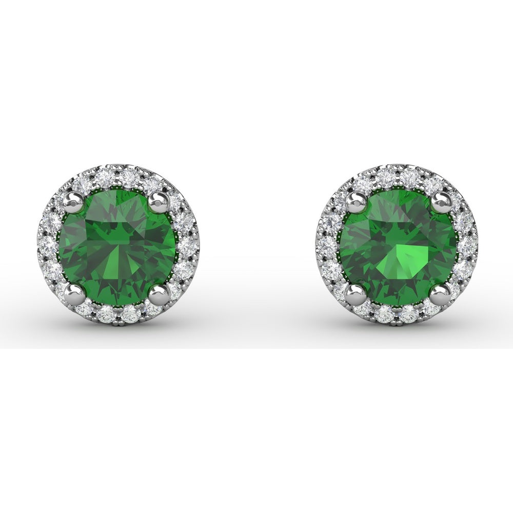Stud Earrings with Round Emerald and Diamond Halo by Fana - 1.14 Carat Total Gemstone Weight