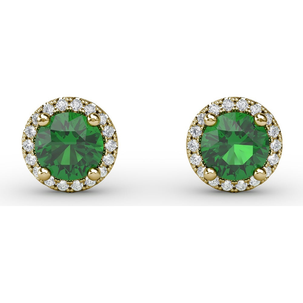 Stud Earrings with Round Emerald and Diamond Halo by Fana - 1.14 Carat Total Gemstone Weight