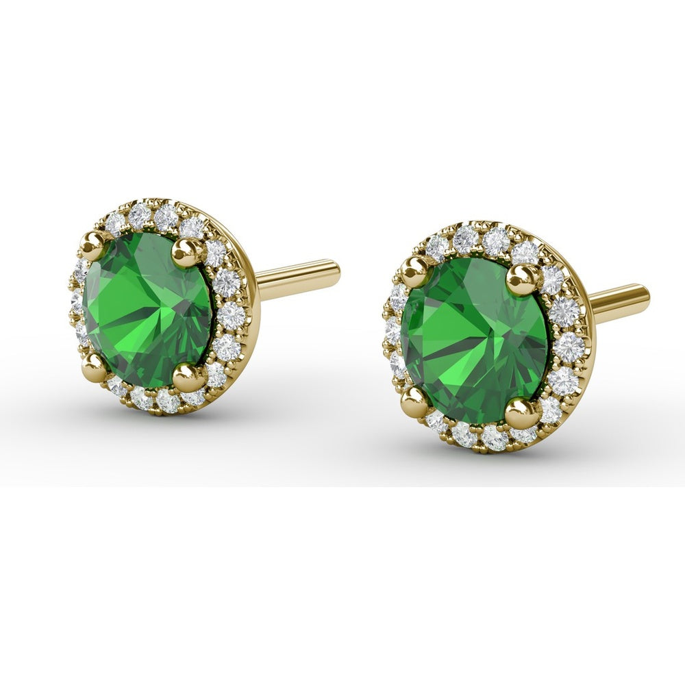 Stud Earrings with Round Emerald and Diamond Halo by Fana - 1.14 Carat Total Gemstone Weight