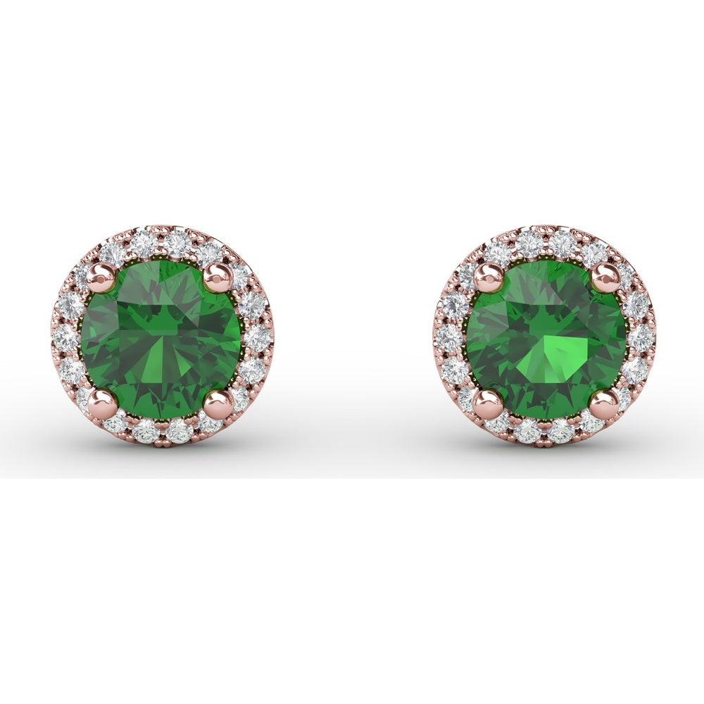 Stud Earrings with Round Emerald and Diamond Halo by Fana - 1.14 Carat Total Gemstone Weight