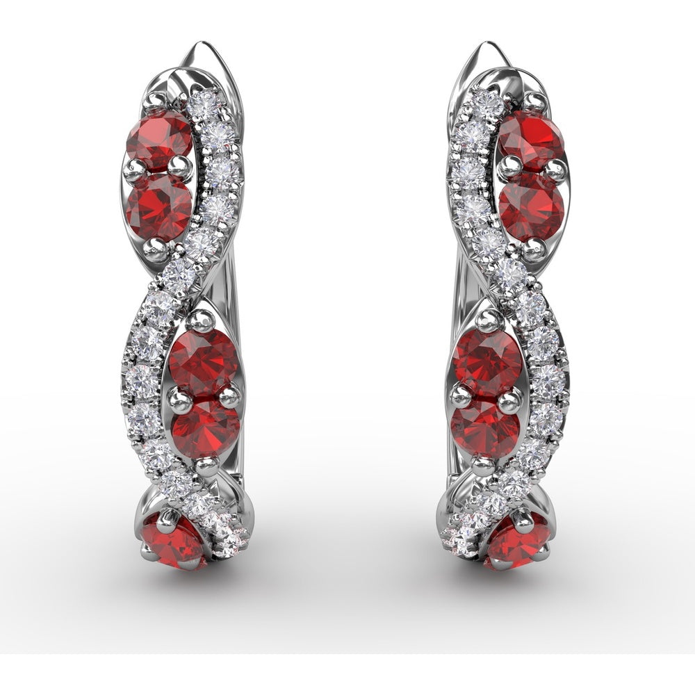 Swirl Hoop Earrings with Round Rubies and Pavé Diamonds by Fana - 0.44 Carat Total Gemstone Weight