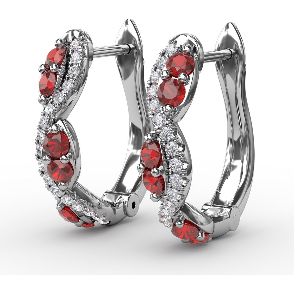 Swirl Hoop Earrings with Round Rubies and Pavé Diamonds by Fana - 0.44 Carat Total Gemstone Weight