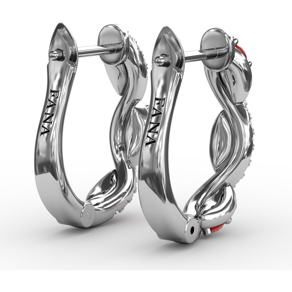 Swirl Hoop Earrings with Round Rubies and Pavé Diamonds by Fana - 0.44 Carat Total Gemstone Weight
