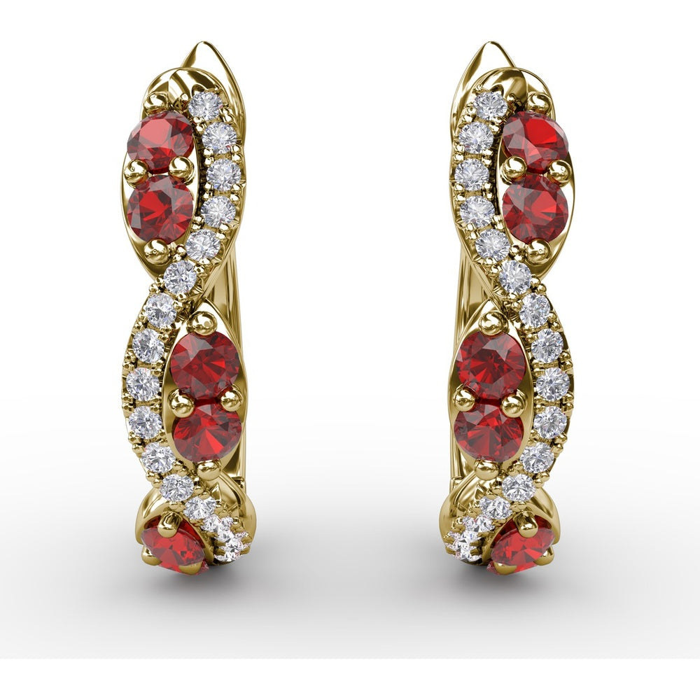Swirl Hoop Earrings with Round Rubies and Pavé Diamonds by Fana - 0.44 Carat Total Gemstone Weight