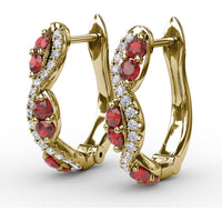 Swirl Hoop Earrings with Round Rubies and Pavé Diamonds by Fana - 0.44 Carat Total Gemstone Weight