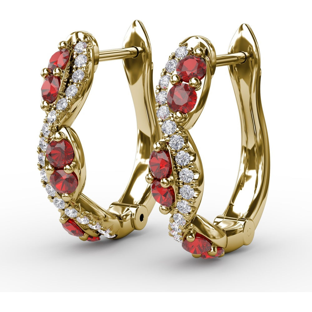 Swirl Hoop Earrings with Round Rubies and Pavé Diamonds by Fana - 0.44 Carat Total Gemstone Weight