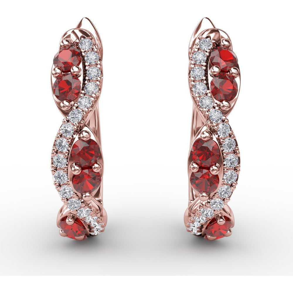 Swirl Hoop Earrings with Round Rubies and Pavé Diamonds by Fana - 0.44 Carat Total Gemstone Weight