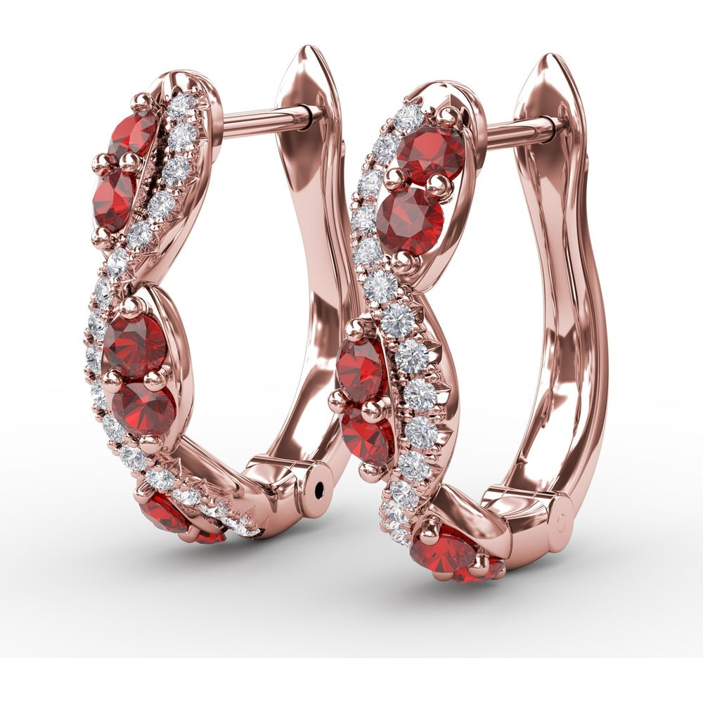 Swirl Hoop Earrings with Round Rubies and Pavé Diamonds by Fana - 0.44 Carat Total Gemstone Weight