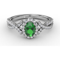 Swirls of Love Split Shank Ring with Oval Emerald and Pavé Diamond Halo by Fana - 0.83 Carat Total Diamond Weight