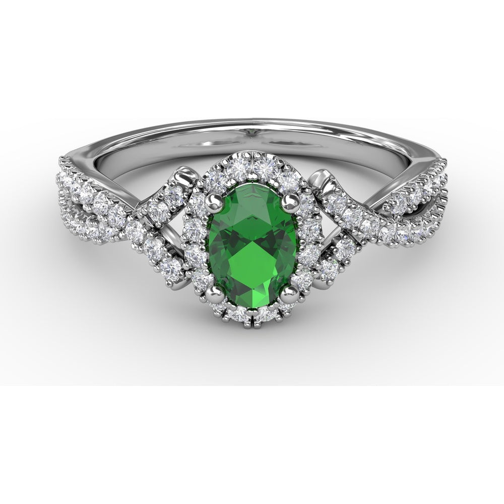 Swirls of Love Split Shank Ring with Oval Emerald and Pavé Diamond Halo by Fana - 0.83 Carat Total Diamond Weight