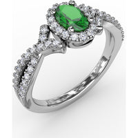 Swirls of Love Split Shank Ring with Oval Emerald and Pavé Diamond Halo by Fana - 0.83 Carat Total Diamond Weight