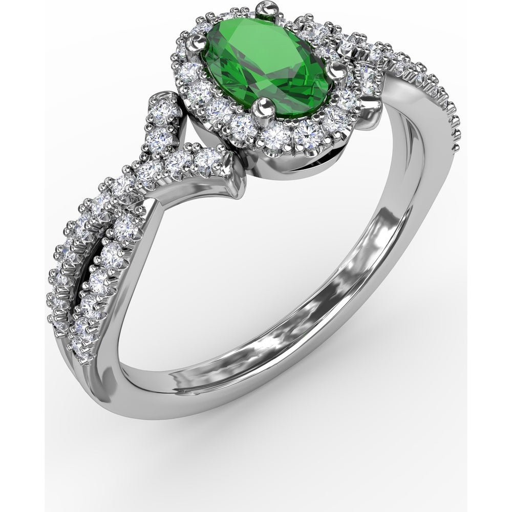 Swirls of Love Split Shank Ring with Oval Emerald and Pavé Diamond Halo by Fana - 0.83 Carat Total Diamond Weight