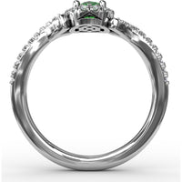 Swirls of Love Split Shank Ring with Oval Emerald and Pavé Diamond Halo by Fana - 0.83 Carat Total Diamond Weight