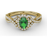 Swirls of Love Split Shank Ring with Oval Emerald and Pavé Diamond Halo by Fana - 0.83 Carat Total Diamond Weight