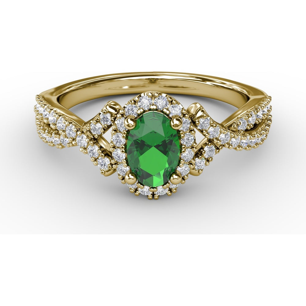 Swirls of Love Split Shank Ring with Oval Emerald and Pavé Diamond Halo by Fana - 0.83 Carat Total Diamond Weight