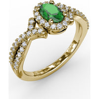 Swirls of Love Split Shank Ring with Oval Emerald and Pavé Diamond Halo by Fana - 0.83 Carat Total Diamond Weight