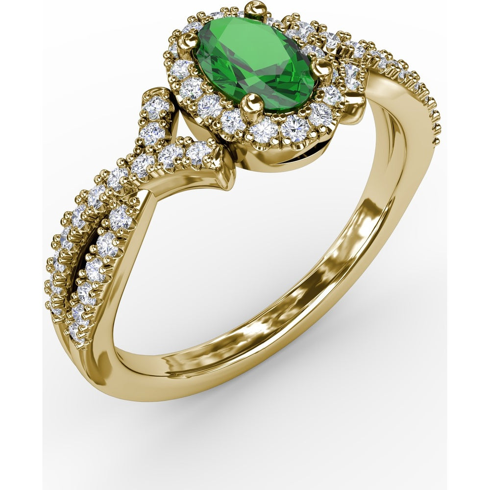 Swirls of Love Split Shank Ring with Oval Emerald and Pavé Diamond Halo by Fana - 0.83 Carat Total Diamond Weight