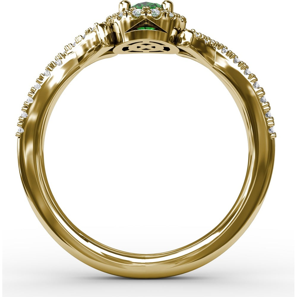 Swirls of Love Split Shank Ring with Oval Emerald and Pavé Diamond Halo by Fana - 0.83 Carat Total Diamond Weight