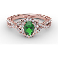 Swirls of Love Split Shank Ring with Oval Emerald and Pavé Diamond Halo by Fana - 0.83 Carat Total Diamond Weight