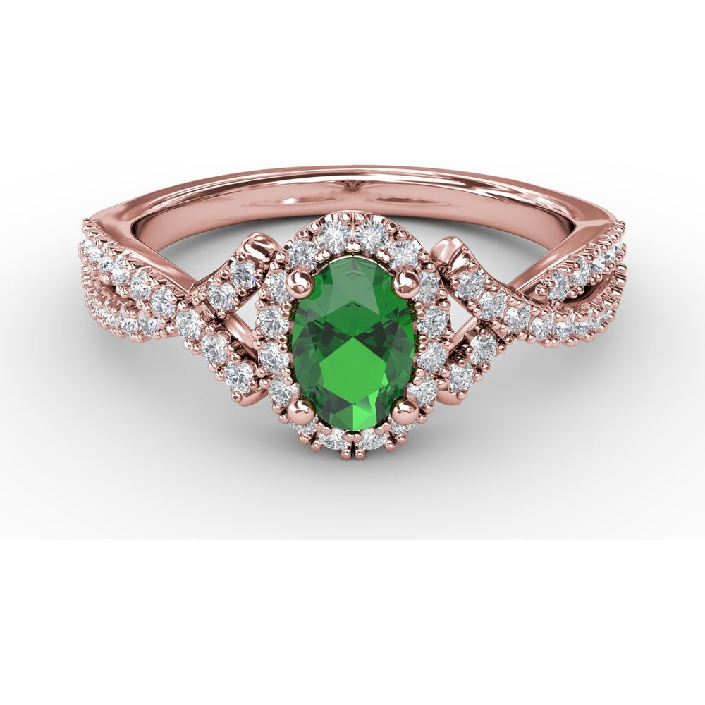 Swirls of Love Split Shank Ring with Oval Emerald and Pavé Diamond Halo by Fana - 0.83 Carat Total Diamond Weight