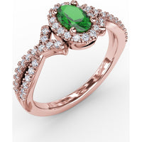 Swirls of Love Split Shank Ring with Oval Emerald and Pavé Diamond Halo by Fana - 0.83 Carat Total Diamond Weight