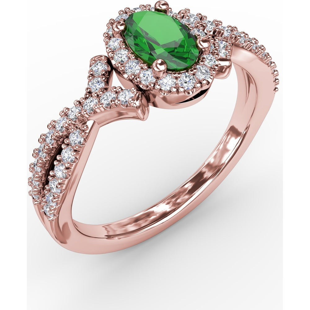 Swirls of Love Split Shank Ring with Oval Emerald and Pavé Diamond Halo by Fana - 0.83 Carat Total Diamond Weight