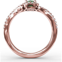 Swirls of Love Split Shank Ring with Oval Emerald and Pavé Diamond Halo by Fana - 0.83 Carat Total Diamond Weight