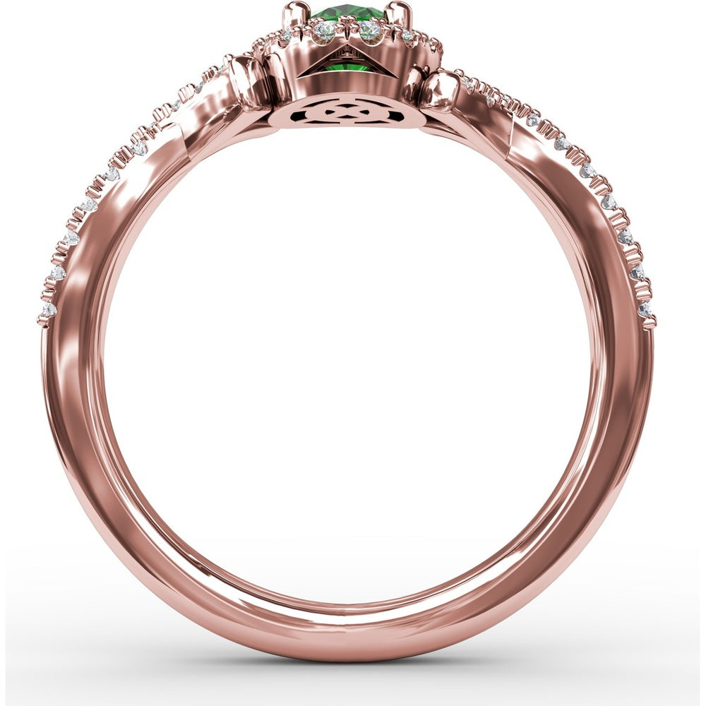 Swirls of Love Split Shank Ring with Oval Emerald and Pavé Diamond Halo by Fana - 0.83 Carat Total Diamond Weight