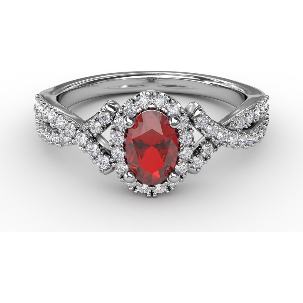 Swirls of Love Twist Ring with Oval Ruby and Diamond Halo by Fana - 1.01 Carat Total Gemstone Weight