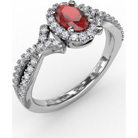Swirls of Love Twist Ring with Oval Ruby and Diamond Halo by Fana - 1.01 Carat Total Gemstone Weight