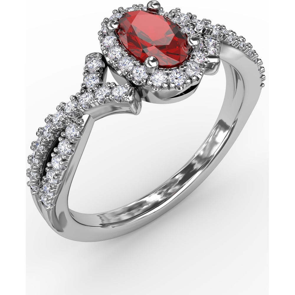 Swirls of Love Twist Ring with Oval Ruby and Diamond Halo by Fana - 1.01 Carat Total Gemstone Weight