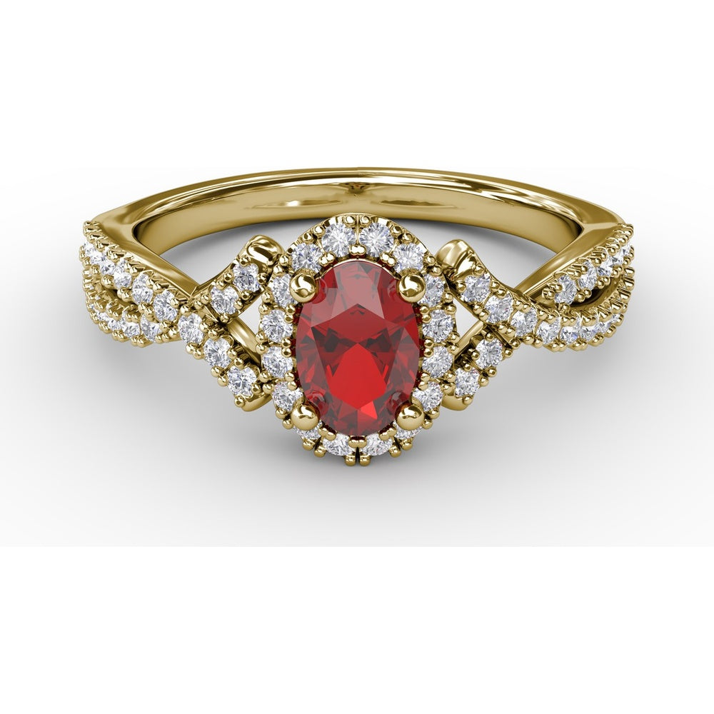 Swirls of Love Twist Ring with Oval Ruby and Diamond Halo by Fana - 1.01 Carat Total Gemstone Weight