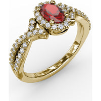 Swirls of Love Twist Ring with Oval Ruby and Diamond Halo by Fana - 1.01 Carat Total Gemstone Weight