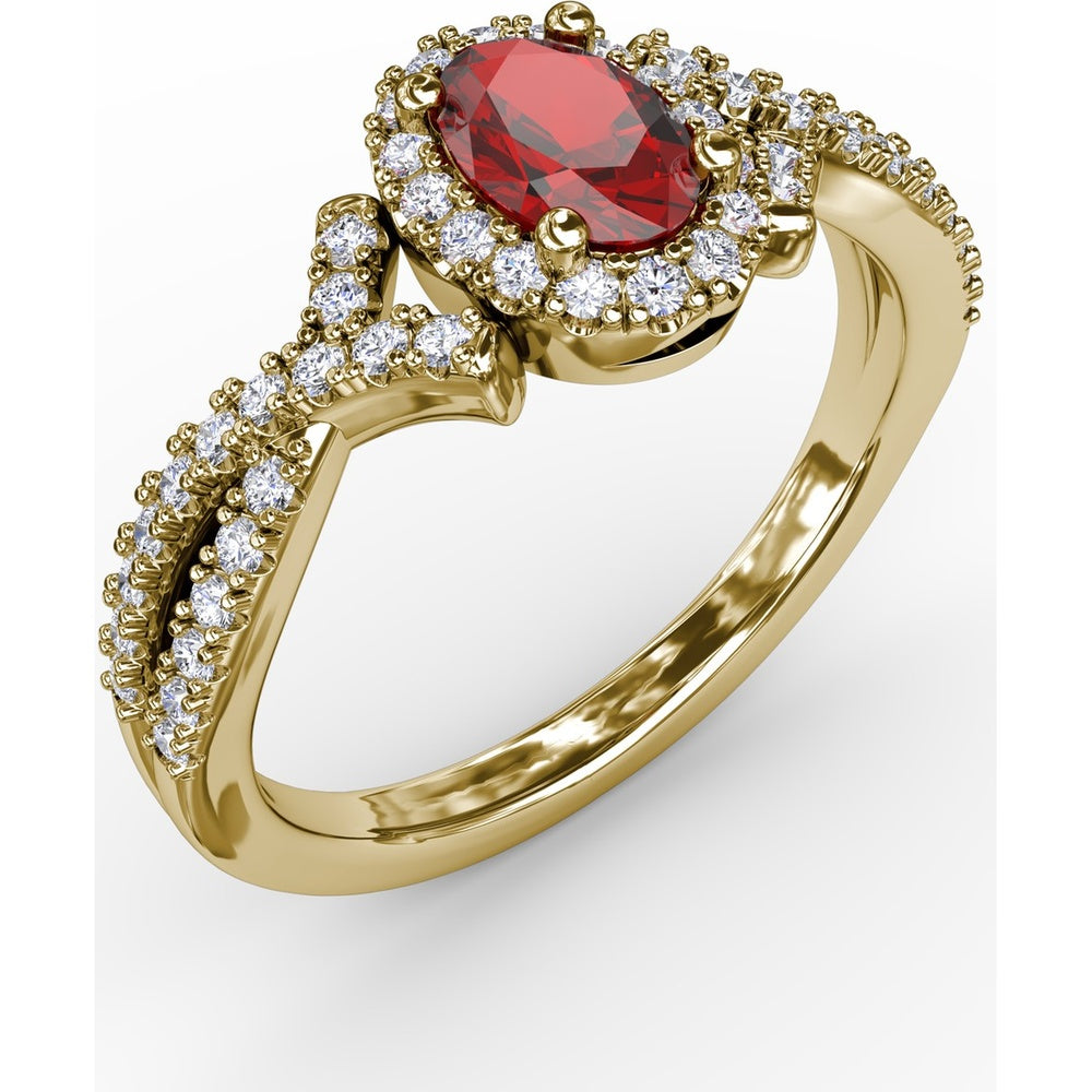 Swirls of Love Twist Ring with Oval Ruby and Diamond Halo by Fana - 1.01 Carat Total Gemstone Weight