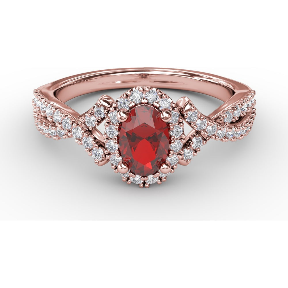 Swirls of Love Twist Ring with Oval Ruby and Diamond Halo by Fana - 1.01 Carat Total Gemstone Weight