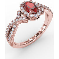 Swirls of Love Twist Ring with Oval Ruby and Diamond Halo by Fana - 1.01 Carat Total Gemstone Weight