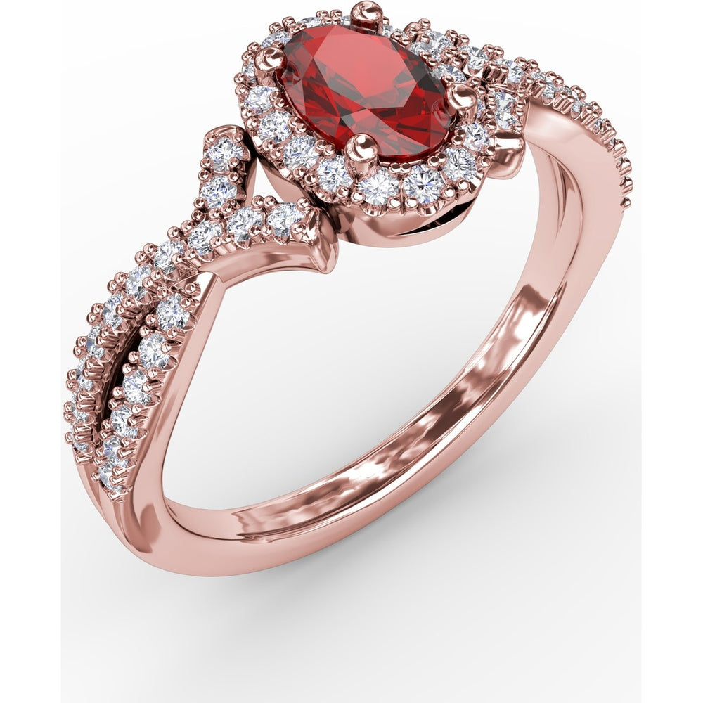 Swirls of Love Twist Ring with Oval Ruby and Diamond Halo by Fana - 1.01 Carat Total Gemstone Weight