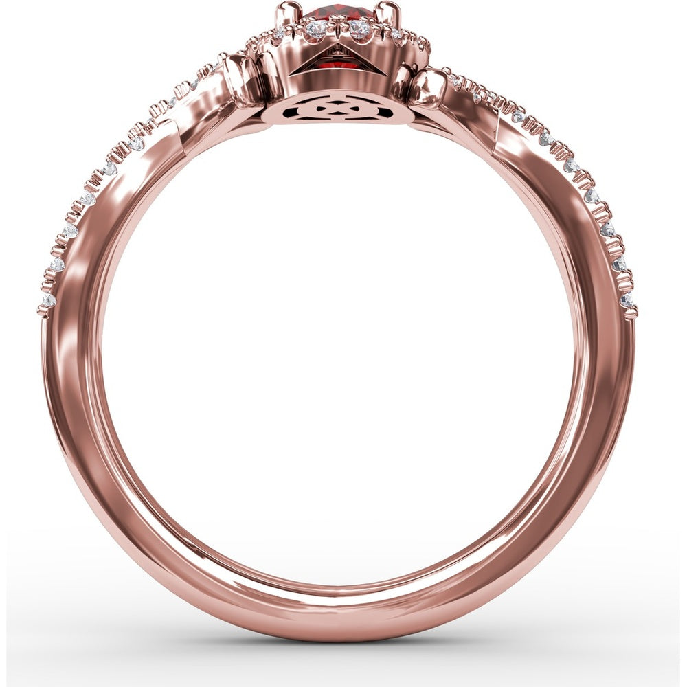 Swirls of Love Twist Ring with Oval Ruby and Diamond Halo by Fana - 1.01 Carat Total Gemstone Weight