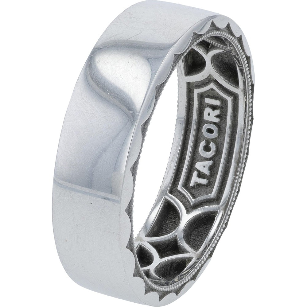 Tacori 18K White Gold 7mm Men's Wedding Band with Signature Crescent Gallery and Milgrain Detailing - Size 11.25