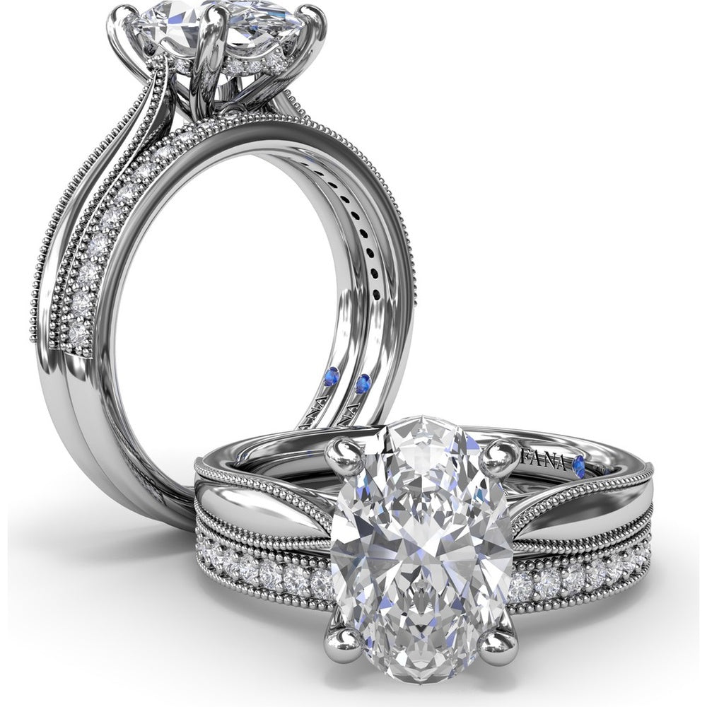 Tapered Milgrain Engagement Ring Setting with Scalloped Hidden Halo by Fana