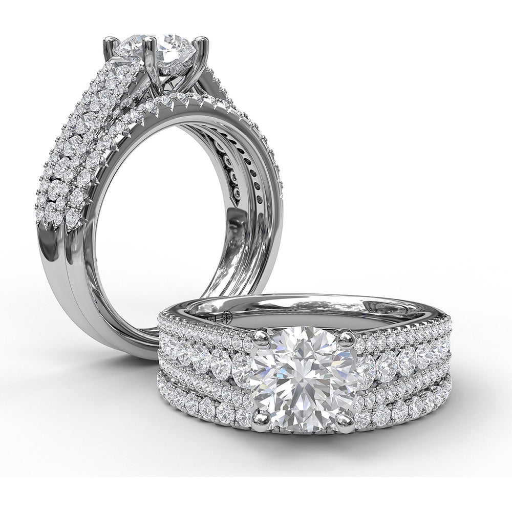 Tapered Shared-Prong Triple Row Diamond Engagement Ring Setting - 0.71 Carat Total Accent Diamond Weight by Fana