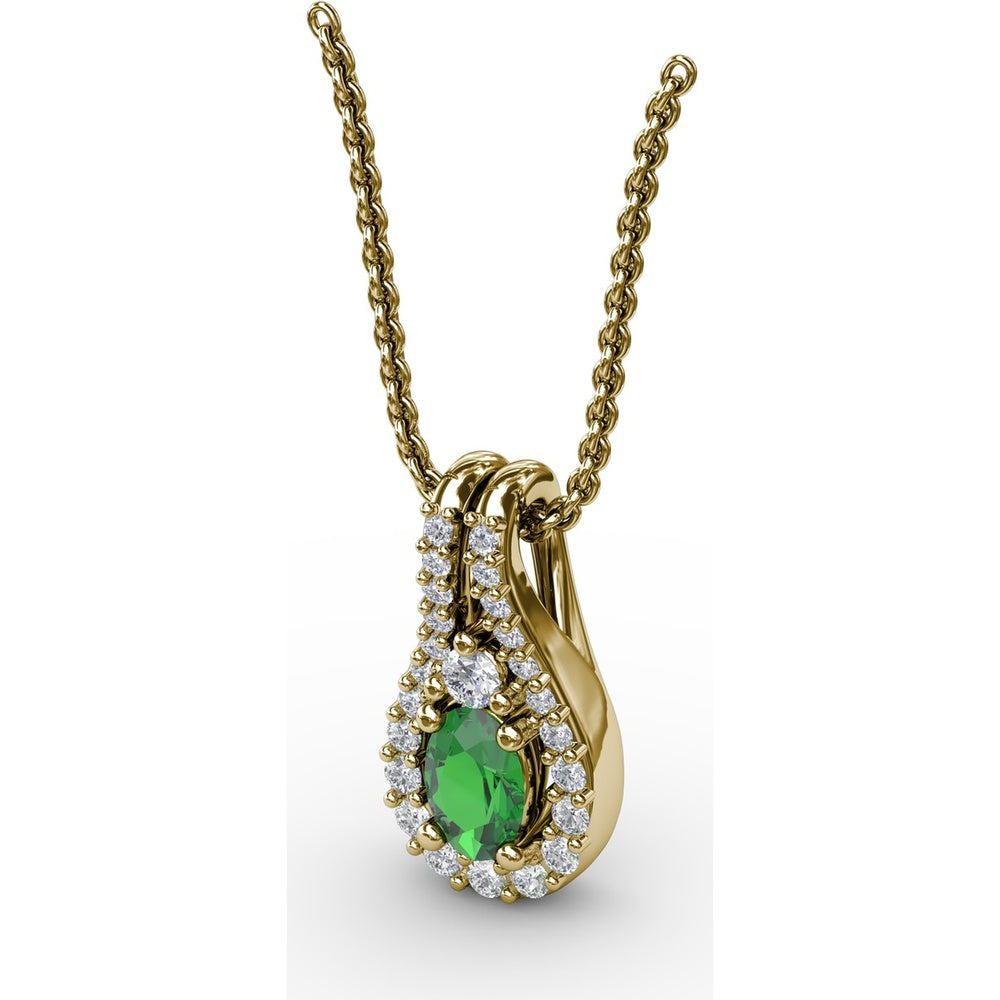 Teardrop Halo Pendant with Oval Emerald and Pavé Diamonds by Fana - 0.78 Carat Total Gemstone Weight