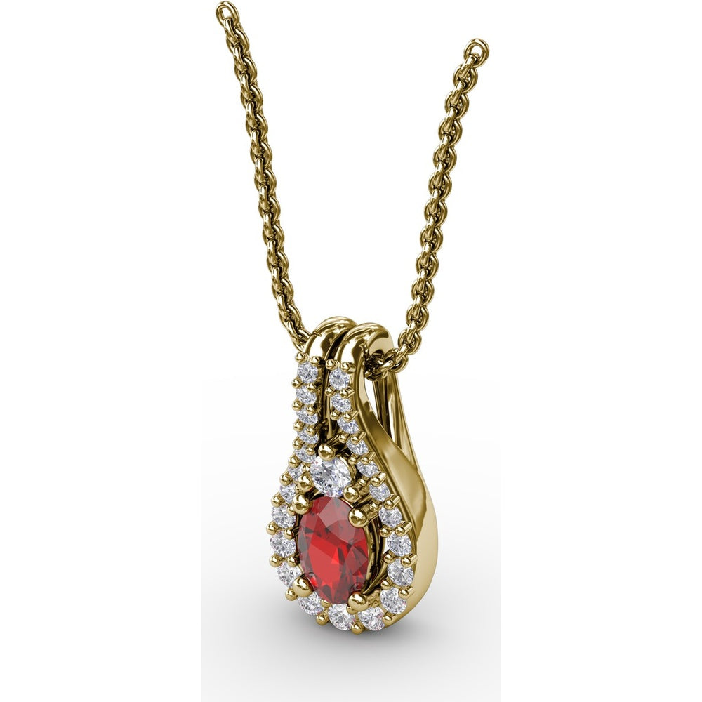 Teardrop Halo Pendant with Oval Ruby and Pavé Diamonds by Fana - 0.96 Carat Total Gemstone Weight