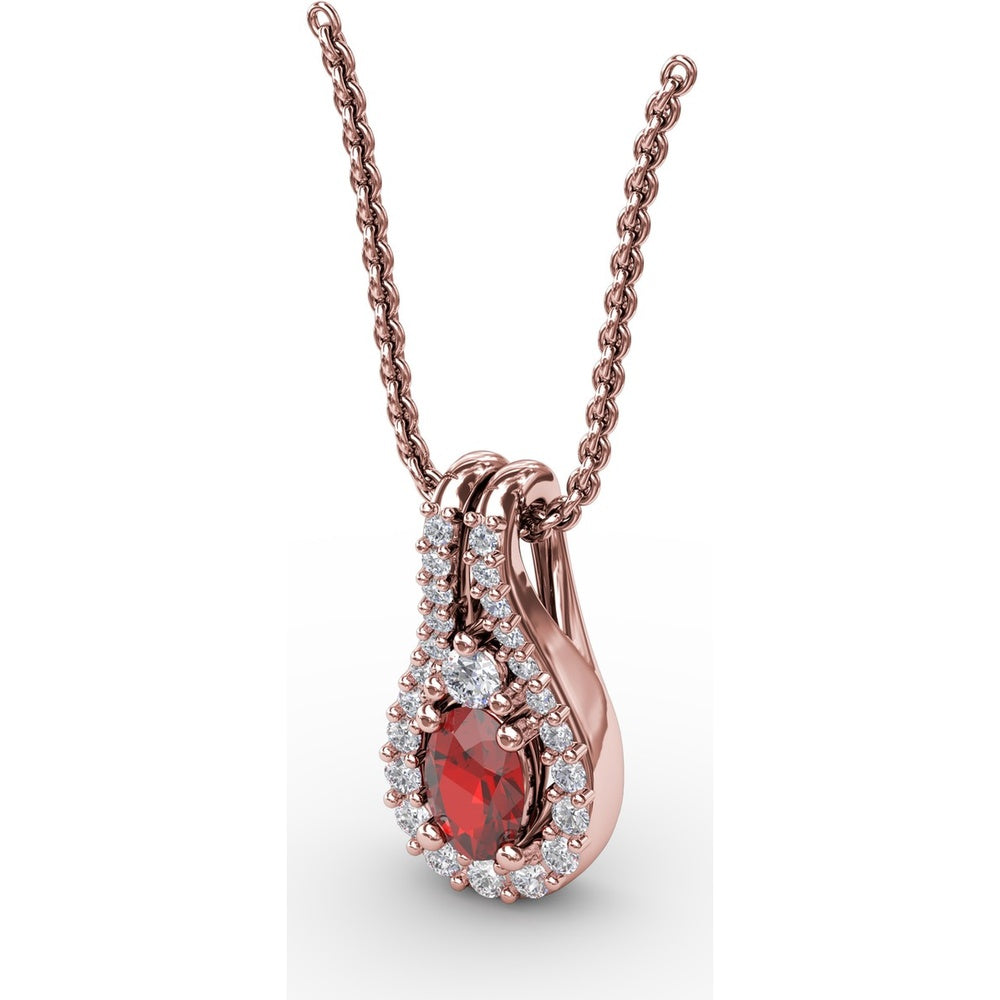 Teardrop Halo Pendant with Oval Ruby and Pavé Diamonds by Fana - 0.96 Carat Total Gemstone Weight