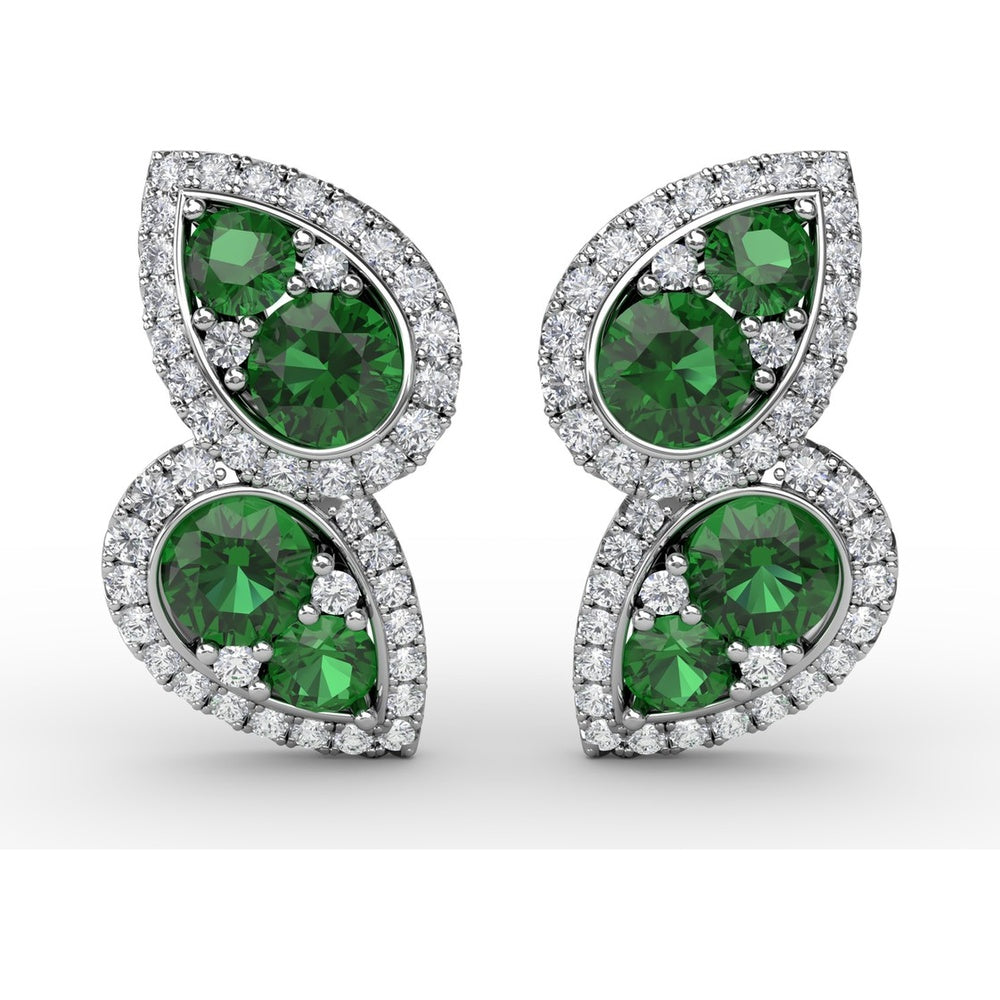 Teardrop Openwork Drop Earrings with Pavé Diamonds and Prong-Set Round Emeralds by Fana - 1.76 Carat Total Gemstone Weight