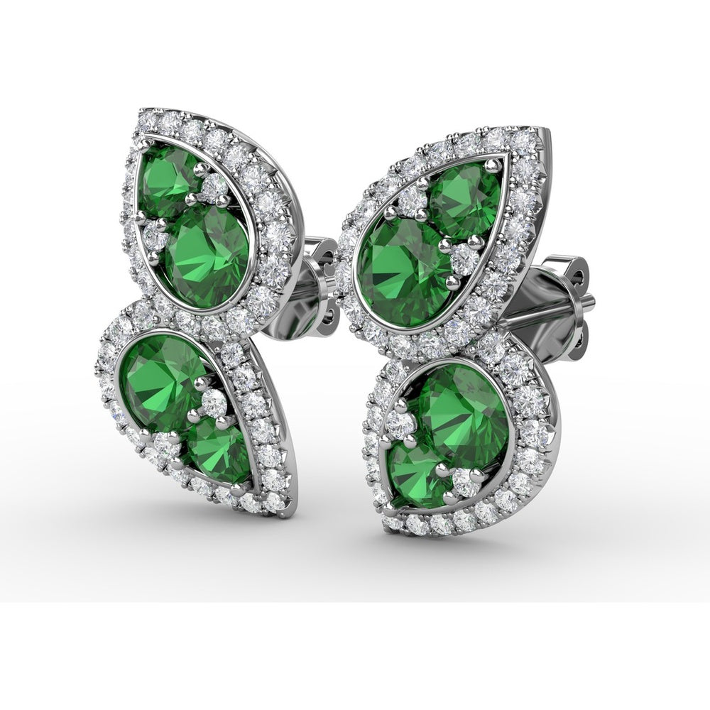Teardrop Openwork Drop Earrings with Pavé Diamonds and Prong-Set Round Emeralds by Fana - 1.76 Carat Total Gemstone Weight