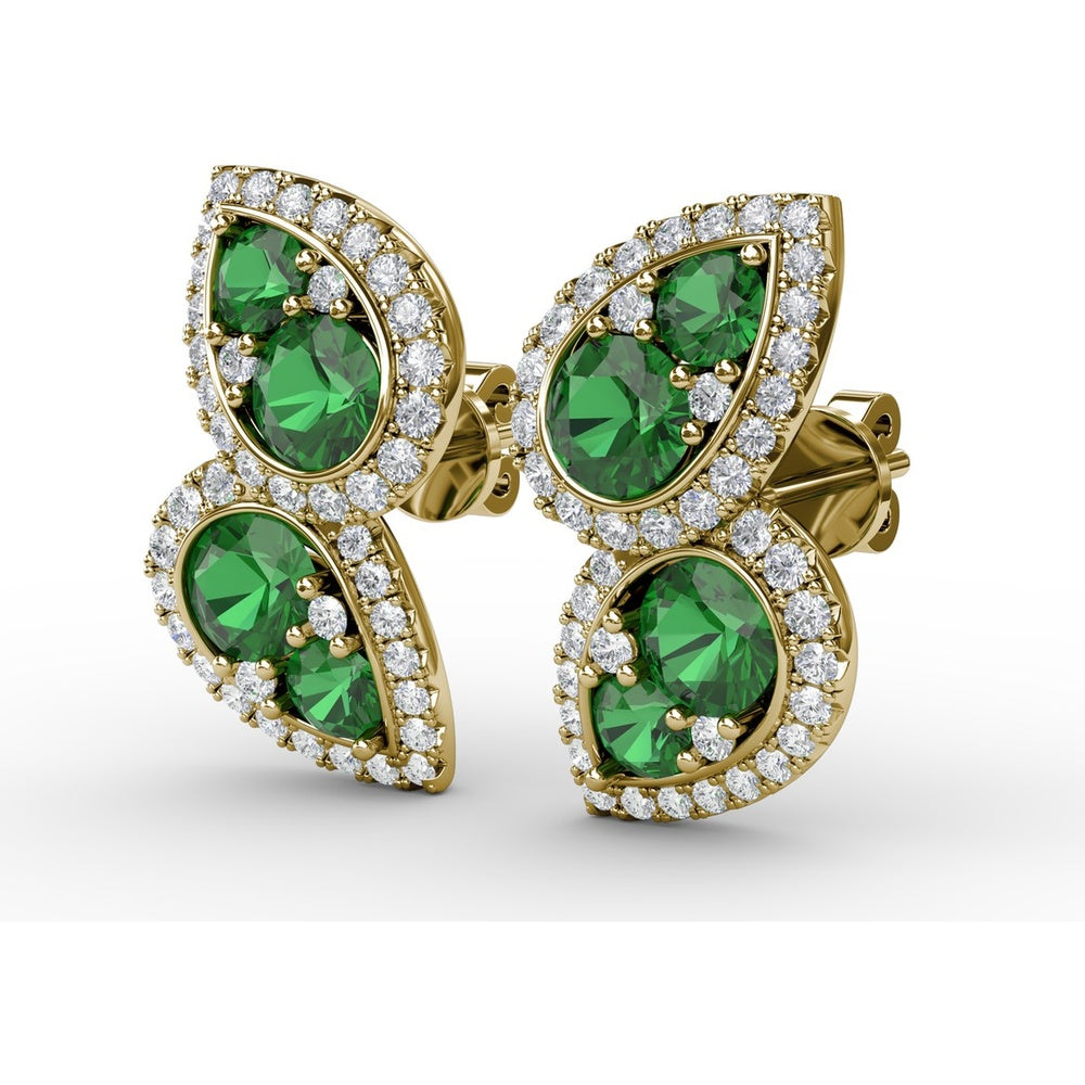 Teardrop Openwork Drop Earrings with Pavé Diamonds and Prong-Set Round Emeralds by Fana - 1.76 Carat Total Gemstone Weight