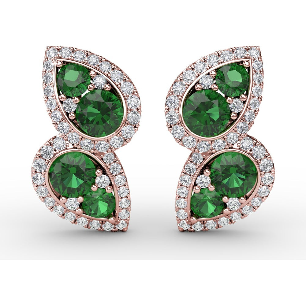 Teardrop Openwork Drop Earrings with Pavé Diamonds and Prong-Set Round Emeralds by Fana - 1.76 Carat Total Gemstone Weight