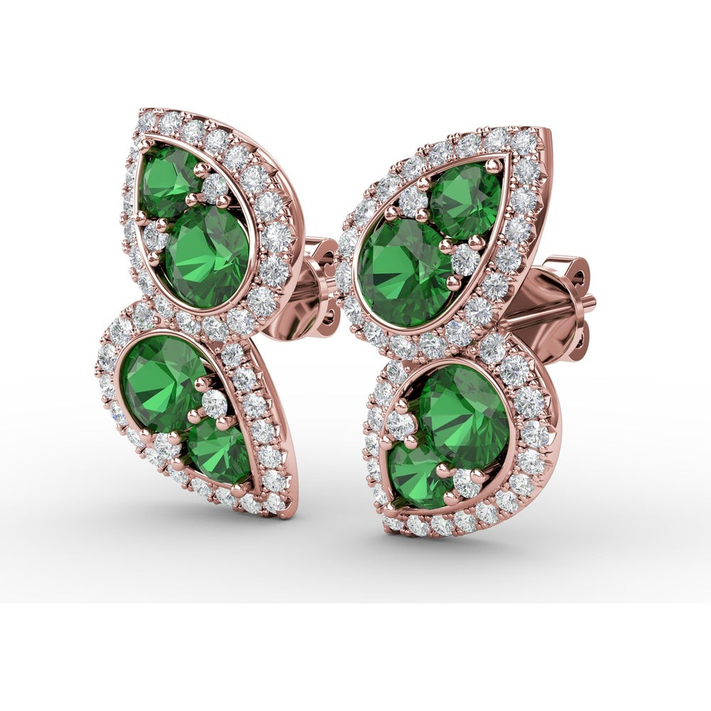 Teardrop Openwork Drop Earrings with Pavé Diamonds and Prong-Set Round Emeralds by Fana - 1.76 Carat Total Gemstone Weight